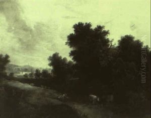 Norwich Landscape With Cottages And Cows Watering By A Stream