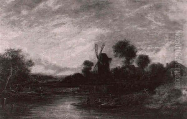 A Country River Landscape, With Figures In A Punt In The    Foreground, A Windmill Beyond - view 1