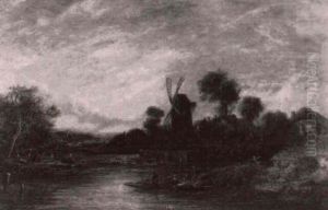 A Country River Landscape, With Figures In A Punt In The    Foreground, A Windmill Beyond by Joseph Paul