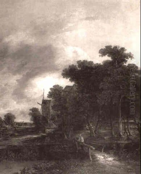 A Fisherman On A Bridge With A Windmill Beyond - view 1