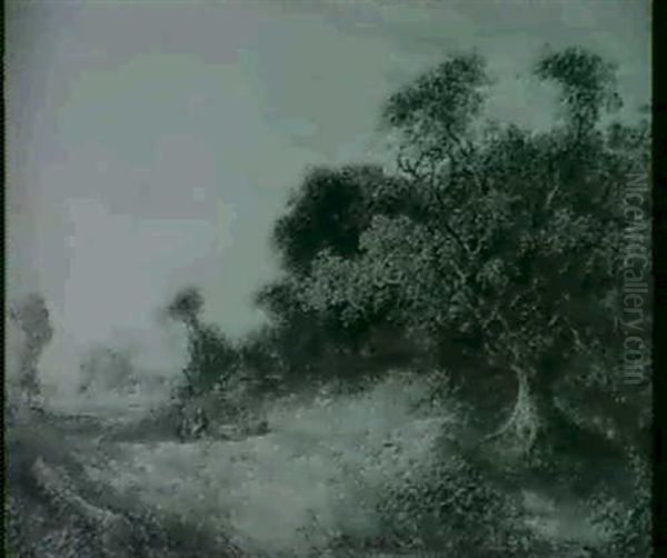 A Wooded Landscape With Figures Resting On A Log, A River   And Cottages Beyond - view 1
