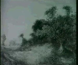 A Wooded Landscape With Figures Resting On A Log, A River And Cottages Beyond by Joseph Paul