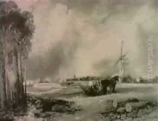An Extensive East Anglian River Landscape With Figures Ploughing A Windmill - view 1