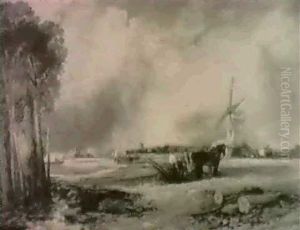 An Extensive East Anglian River Landscape With Figures      Ploughing A Windmill