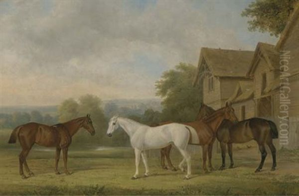 Four Hunters By A Barn, In An Extensive Landscape - view 1