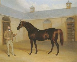 "retriever", A Bay Racehorse, Held By A Groom In A Stable Yard