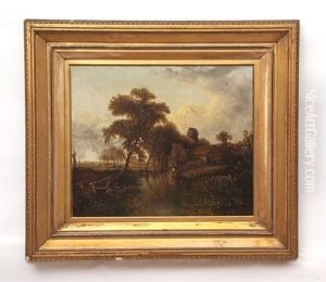 River Landscape With Figure In A Rowing Boat By A Stick Bridge