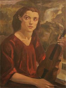 Violinspelerska, Portratt Av Hustrun Hanna Pauli by Georg Pauli