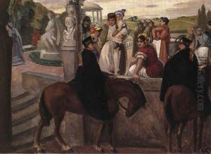 Italienskt Parkmotiv Med Figurer Och Ryttare by Georg Pauli