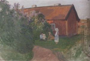 Sommarlandskap Med Barn Och Blommande Syrener Sommarlandskap Med Barn Och Blommande Syrener