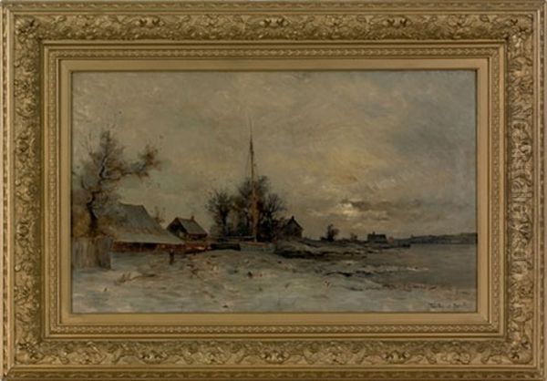 Winter Landscape With Sailboat And Figure Walking Beside The Water - view 1