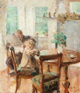 The Child Is Playing, While Father Is Reading The Newspaper by Julius Paulsen