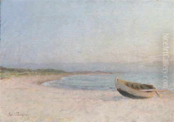 Coastal View With A Dinghy Drawn Up On The Beach - view 1