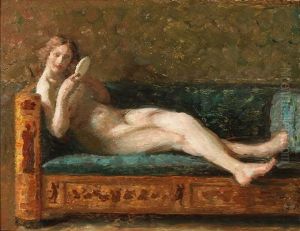 A Nude On A Green Sofa Looking At Her Reflection In A Mirror A Nude On A Green Sofa Looking At Her Reflection In A Mirror