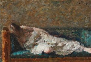 A Model Lying On A Green Sofa by Julius Paulsen