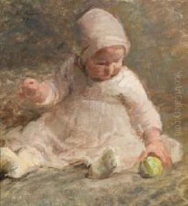 A Little Girl Is Playing With A Green Apple A Little Girl Is Playing With A Green Apple