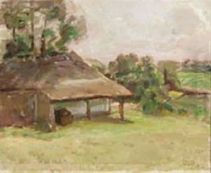 Pink Sky Above A Farm House by Julius Paulsen