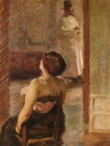 Interior With The Painter Himself And A Female Model by Julius Paulsen