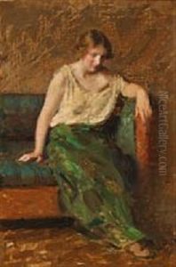 A Female Model Sitting In A Sofa by Julius Paulsen