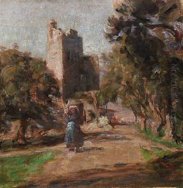 Italian Landscape With Ruins And Woman On The Road - view 1