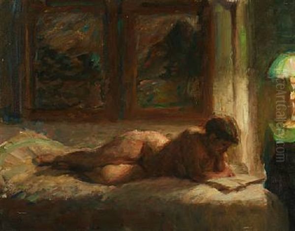 Interior With A Nude Woman Reading On Her Bed by Julius Paulsen