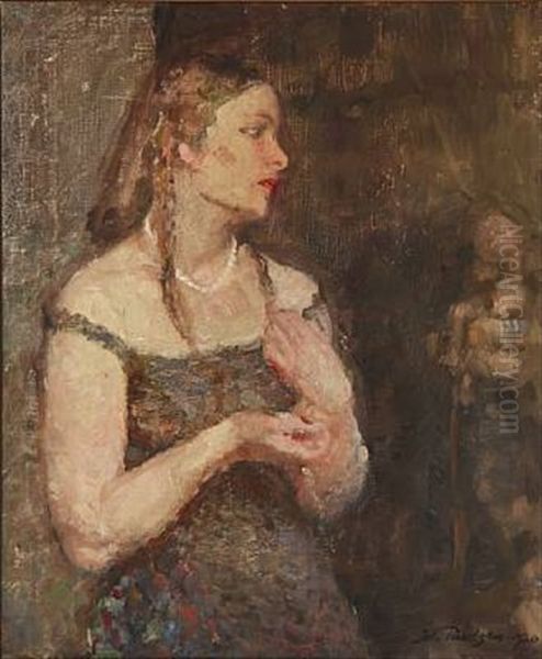 A Woman In A Green Dress And Necklace - view 1