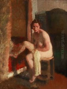 A Nude Female Model Sitting On A Stool by Julius Paulsen