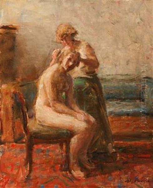 Interior With A Nude Model Having Her Hair Done - view 1