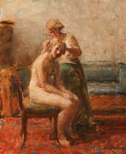 Interior With A Nude Model Having Her Hair Done by Julius Paulsen