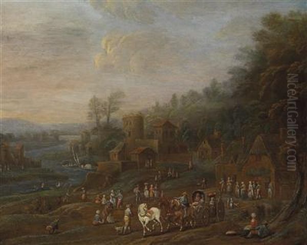 A Wide River Landscape With Travellers On A Road And A Fortified Estate In The Background - view 1