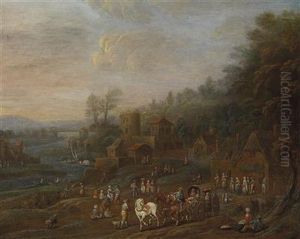 A Wide River Landscape With Travellers On A Road And A Fortified Estate In The Background by Maximilian Blommaerdt