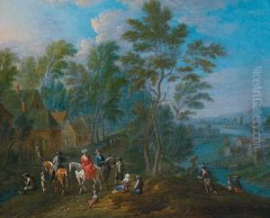 Paesaggio Fluviale Con Cavalieri Eleganti Davanti A Una Cascina by Maximilian Blommaerdt