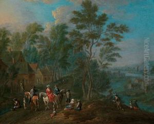 Paesaggio Fluviale Con Eleganti Cavalieri Dinanzi A Una Masseria by Maximilian Blommaerdt