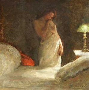 Interior Med Kvinde Ved En Seng by Julius Paulsen