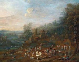 Ampio Paesaggio Fluviale Con Viaggiatori Su Di Un Sentiero E Unaproprieta Fortificata Sullo Sfondo by Maximilian Blommaerdt