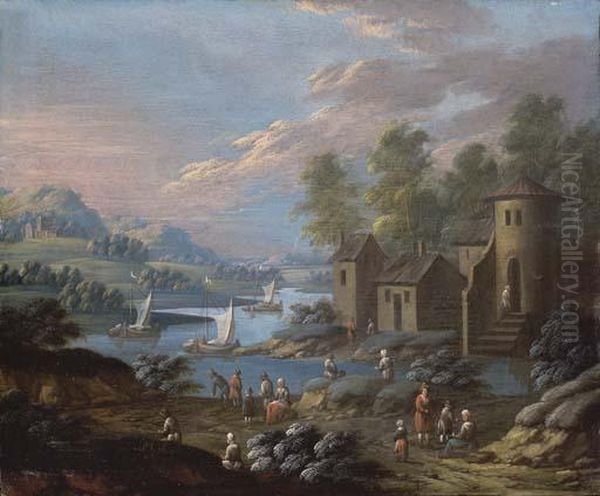 Paysage Avec Un Village Au Bord D'une Riviere - view 1