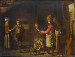 A Cottage Interior With Figures Making Music, A Boy Dancing And A Serving Boy Pouring Wine by Maximilian Blommaerdt