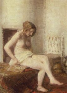 Interior Med Nogenmodel Siddende Med Klaede Pa Sofabaenk by Julius Paulsen