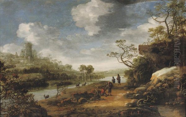 A Rocky River Landscape With Travellers On A Path, A Ruinedfortress Beyond - view 1