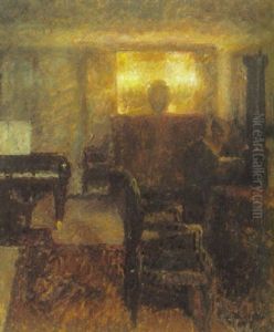 Stueinterior Med Laesende Kvinde by Julius Paulsen