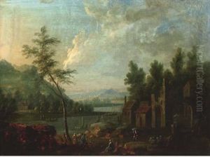 A River Landscape With Figures Resting By A Hamlet