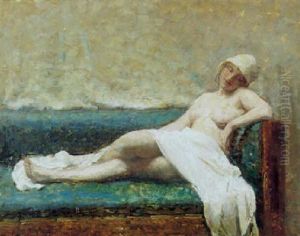 Nogen Kvinde Med Hvidt Draperet Klaede Og Kyse Liggende I En Sofa by Julius Paulsen