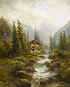Gebirgslandschaft Mit Bauernhaus Am Bach by Leonhard Paulus
