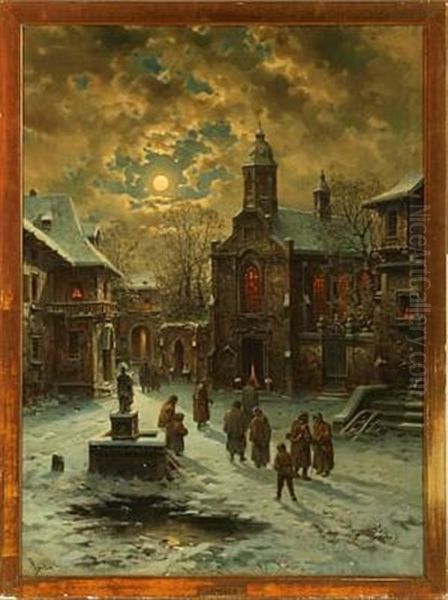 Winter In A City With People On Their Way To Church - view 1