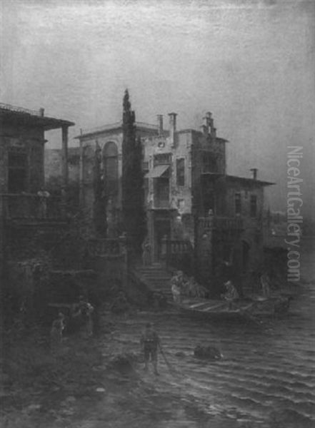 Figures On Steps Of Lakeside Villa - view 1