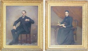 Portrait D'homme A La Cigarette (+ Portrait De Dame Ecrivant Une Lettre; 2 Works) by Edouard Jerome Paupion