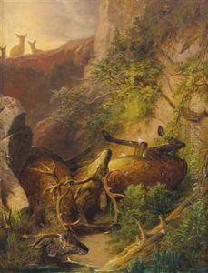 Zwei In Der Brunftzeit Abgesturzte Hirsche Im Hochgebirge by Franz Xaver von Pausinger