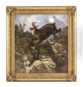 Zwei Aufgescheuchte Gemsen Im Hochgebirge Vor Den Jagern by Franz Xaver von Pausinger