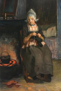 Young Woman Knitting Beside A Hearth by Bernardus Johannes Blommers