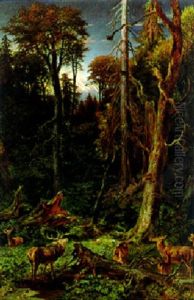 Rotwild Bei Abenddammerung by Franz Xaver von Pausinger